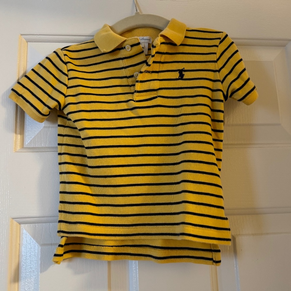 POLO Navy and Yellow Stripe Short Sleeve Polo Shirt, SIZE 24 mos